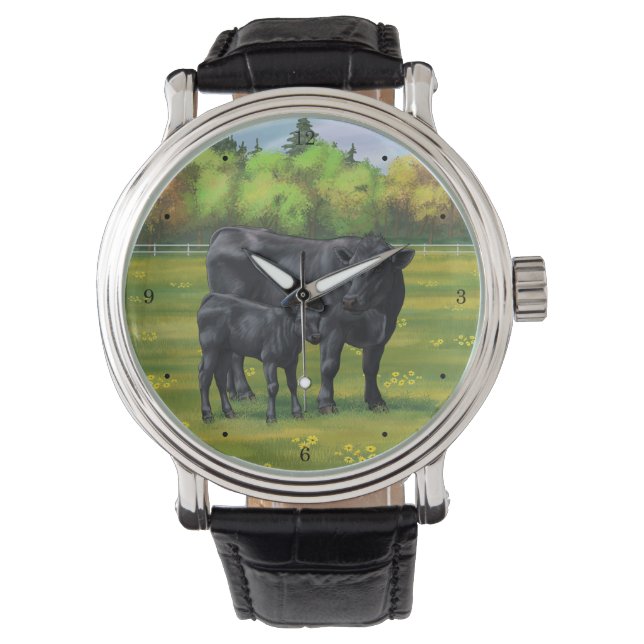 Zwarte Angus-Koe en Cute Calf in zomerperiode Horloge (Voorkant)