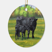 Zwarte Angus-Koe en Cute Calf in zomerperiode Keramisch Ornament (Links)