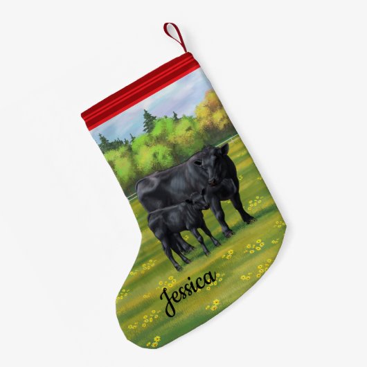 Zwarte Angus-Koe en Cute Calf in zomerperiode Kleine Kerstsok (Achterkant (Hangend))