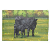 Zwarte Angus-Koe en Cute Calf in zomerperiode Kussensloop (Achterkant-Links)