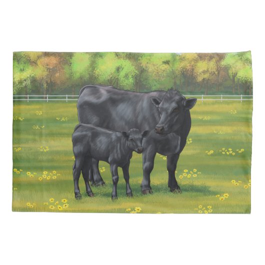 Zwarte Angus-Koe en Cute Calf in zomerperiode Kussensloop (Achterkant-Links)