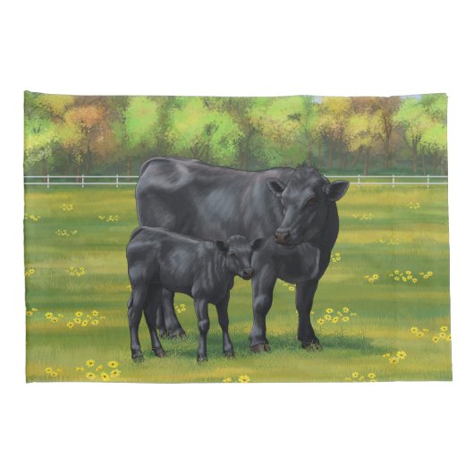 Zwarte Angus-Koe en Cute Calf in zomerperiode Kussensloop (Achterkant-Rechts)