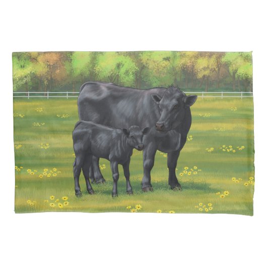 Zwarte Angus-Koe en Cute Calf in zomerperiode Kussensloop (Voorkant-Links)