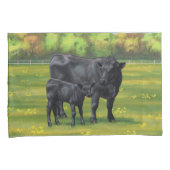 Zwarte Angus-Koe en Cute Calf in zomerperiode Kussensloop (Voorkant-Rechts)