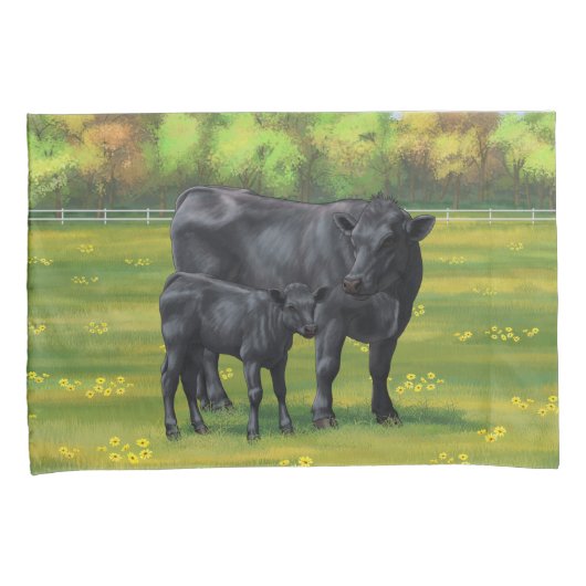 Zwarte Angus-Koe en Cute Calf in zomerperiode Kussensloop (Voorkant-Rechts)