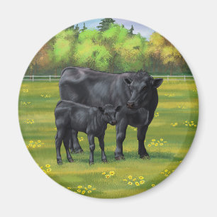 Zwarte Angus-Koe en Cute Calf in zomerperiode Magneet