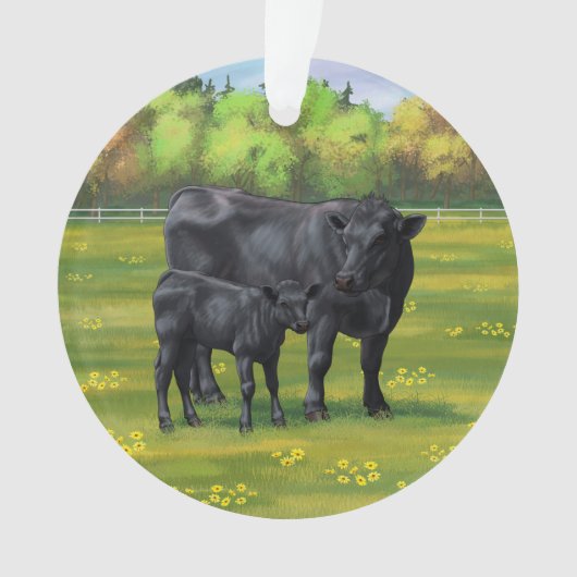 Zwarte Angus-Koe en Cute Calf in zomerperiode Ornament (voorkant)