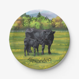 Zwarte Angus-Koe en Cute Calf in zomerperiode Papieren Bordje