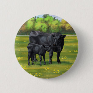 Zwarte Angus-Koe en Cute Calf in zomerperiode Ronde Button 5,7 Cm