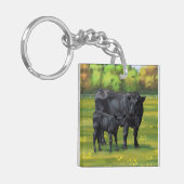 Zwarte Angus-Koe en Cute Calf in zomerperiode Sleutelhanger (Voorkant Links)