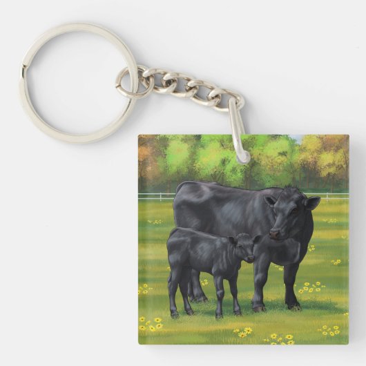 Zwarte Angus-Koe en Cute Calf in zomerperiode Sleutelhanger (Voorkant)