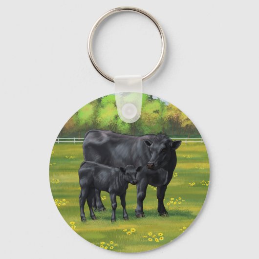 Zwarte Angus-Koe en Cute Calf in zomerperiode Sleutelhanger (Voorkant)