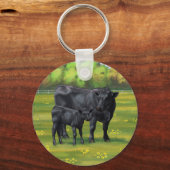 Zwarte Angus-Koe en Cute Calf in zomerperiode Sleutelhanger (Voorkant)
