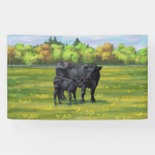 Zwarte Angus-Koe en Cute Calf in zomerperiode Spandoek (Horizontaal)