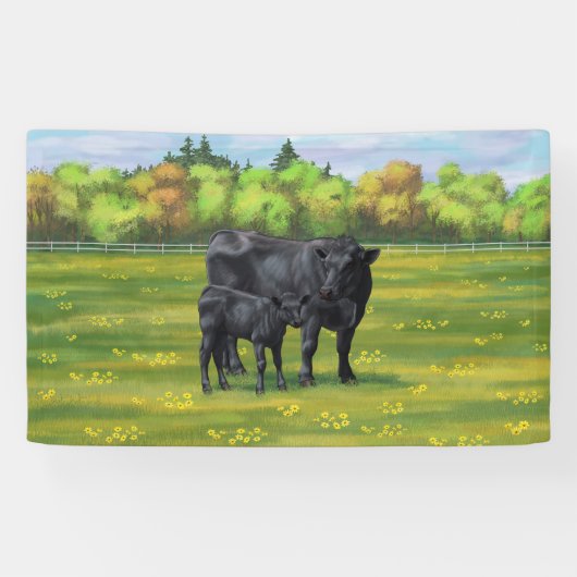 Zwarte Angus-Koe en Cute Calf in zomerperiode Spandoek (Horizontaal)