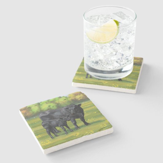 Zwarte Angus-Koe en Cute Calf in zomerperiode Stenen Onderzetter (Zijkant)