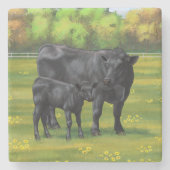 Zwarte Angus-Koe en Cute Calf in zomerperiode Stenen Onderzetter (Voorkant)