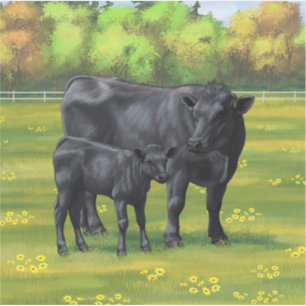 Zwarte Angus-Koe en Cute Calf in zomerperiode Sticker