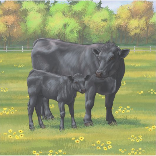 Zwarte Angus-Koe en Cute Calf in zomerperiode Sticker (Voorkant)