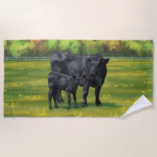 Zwarte Angus-Koe en Cute Calf in zomerperiode Strandlaken