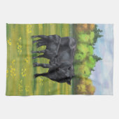 Zwarte Angus-Koe en Cute Calf in zomerperiode Theedoek (Horizontaal)