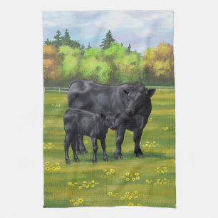 Zwarte Angus-Koe en Cute Calf in zomerperiode Theedoek