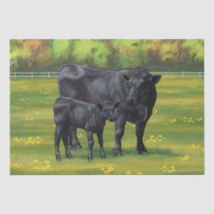 Zwarte Angus-Koe en Cute Calf in zomerperiode Tissuepapier