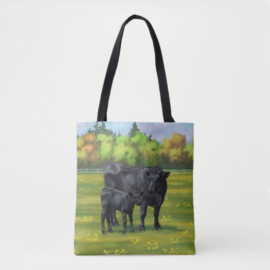 Zwarte Angus-Koe en Cute Calf in zomerperiode Tote Bag (Voorkant)