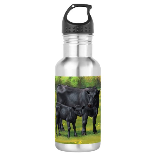 Zwarte Angus-Koe en Cute Calf in zomerperiode Waterfles (Voorkant)