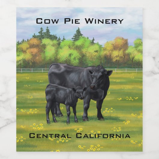 Zwarte Angus-Koe en Cute Calf in zomerperiode Wijn Etiket (Enkel label)