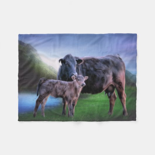 Zwarte Angus-koe en -kalf Fleece Deken (Voorkant (Horizontaal))