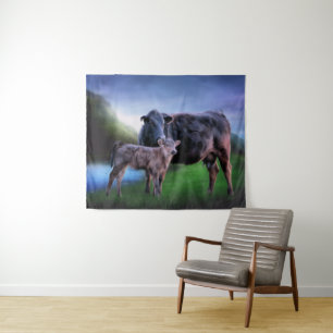 Zwarte Angus-koe en kalf Wandkleed