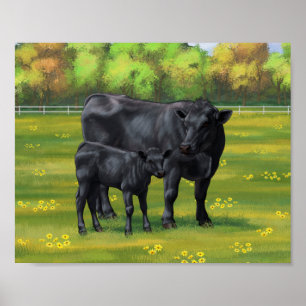 Zwarte Angus-koe en lief kalf in zomerse weide Poster