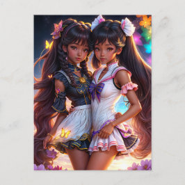 Zwarte Anime Meisjes Animecore Kunst Briefkaart