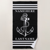 Zwarte anker en strepen aangepaste naam of tekst strandlaken (Voorkant)