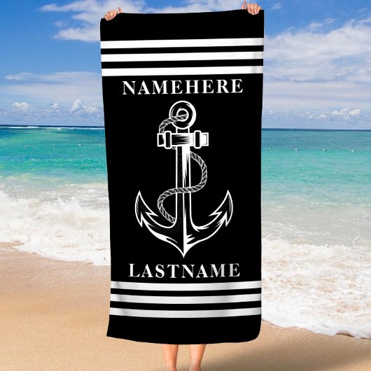 Zwarte anker en strepen aangepaste naam of tekst strandlaken