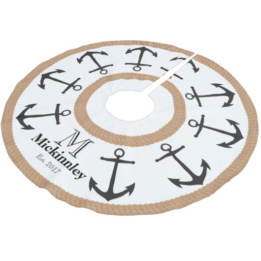 Zwarte Ankers en Bruine Rope Nautische Familienaam Kerstboom Rok (Gekanteld)