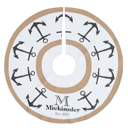 Zwarte Ankers en Bruine Rope Nautische Familienaam Kerstboom Rok (Voorkant)