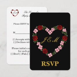 Zwarte antwoordkaart met een roze en rode hart RSVP kaartje