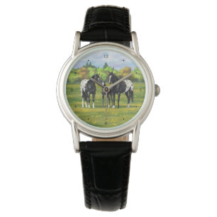 Zwarte appaloosa-paarden in de zomerperiode horloge