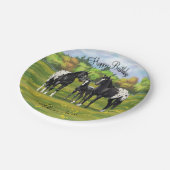 Zwarte appaloosa-paarden in de zomerperiode papieren bordje (Gekanteld)
