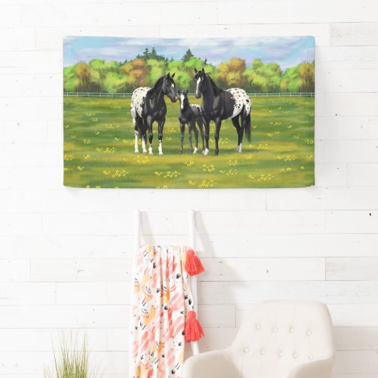 Zwarte appaloosa-paarden in de zomerperiode spandoek (Insitu)
