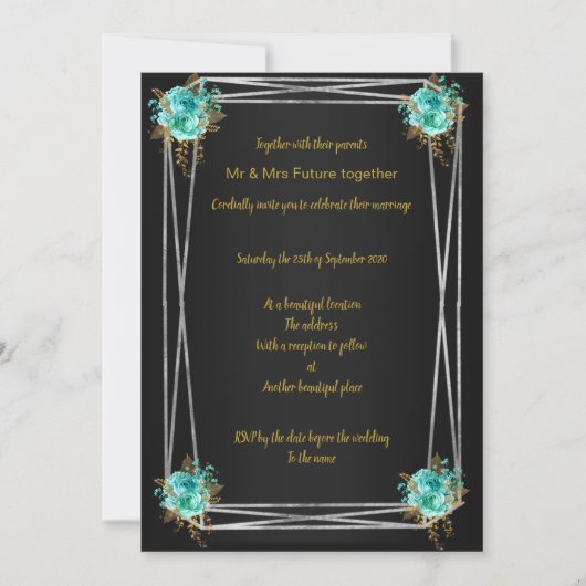 ZWARTE AQUA GOLD ELEGANT WEDDING INVITATION KAART (Voorkant)