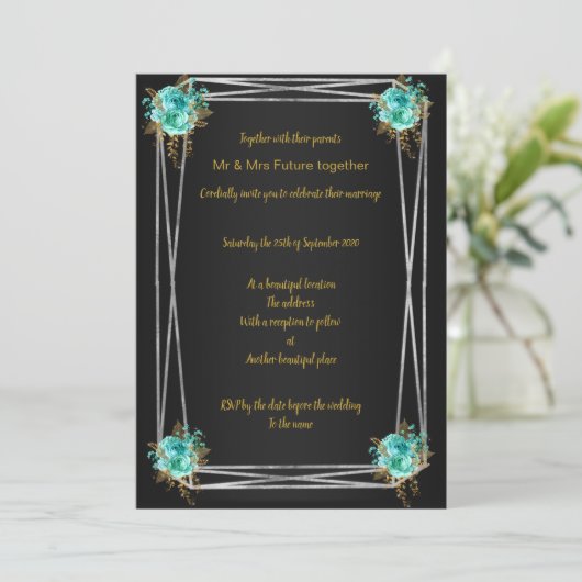 ZWARTE AQUA GOLD ELEGANT WEDDING INVITATION KAART (Staand voorkant)