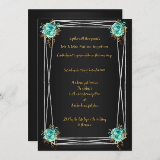ZWARTE AQUA GOLD ELEGANT WEDDING INVITATION KAART (Voorkant / Achterkant)