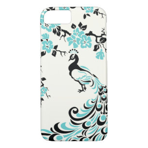 Zwarte, aquablauwe pauw & kersenbloesems Case-Mate iPhone case
