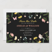 Zwarte aquarel bloem lente bruiloft save the date (Voorkant)