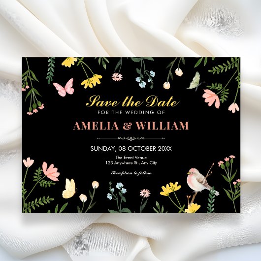 Zwarte aquarel bloem lente bruiloft save the date