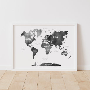 Zwarte Aquarel Continenten en Oceanen Wereldkaart Poster