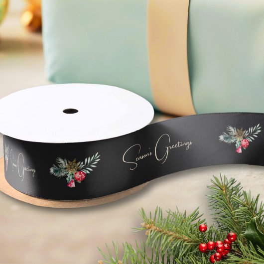 Zwarte Aquarel Kerstbellen Sneeuwvlokken Satijnen Lint